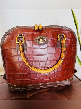Vintage Dooney & Bourke Bayou Croc Embossed Leather Bamboo Satchel Crossbody